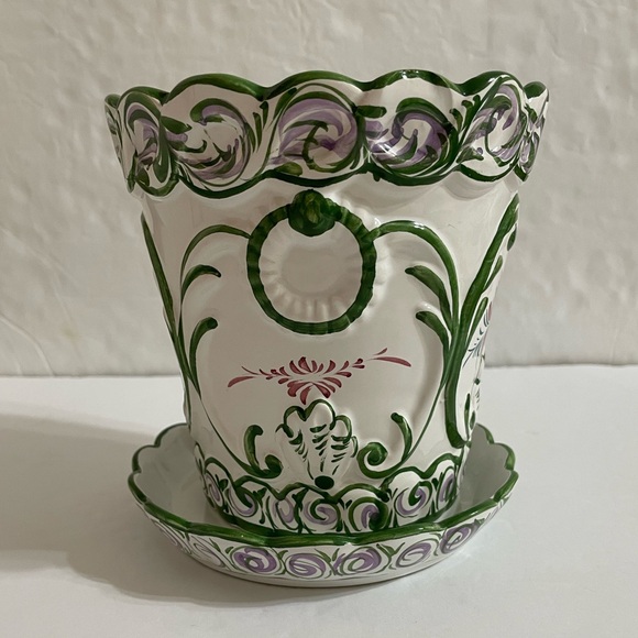 Vintage RCCL Portugal Hand Painted Floral Ceramic Green On White Flower Pot - Picture 2 of 13